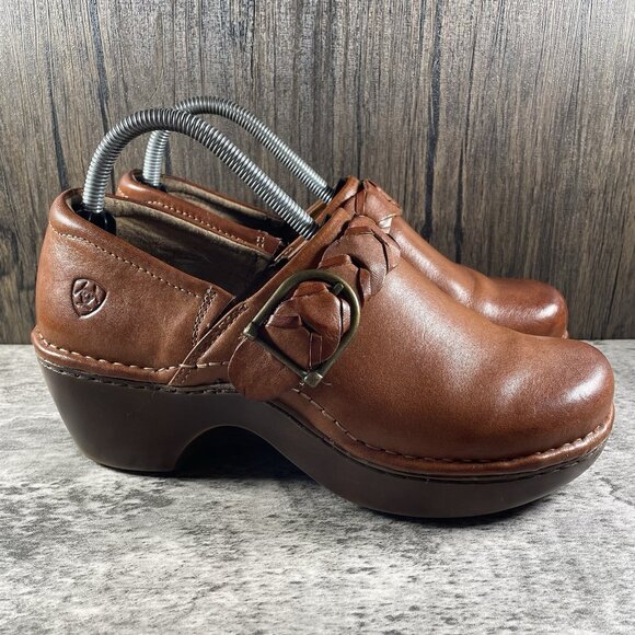 Ariat Womens Amy Braided Buckle cognac Brown Leather Clogs Mules 10012030 Sz 9.5 - Picture 3 of 10